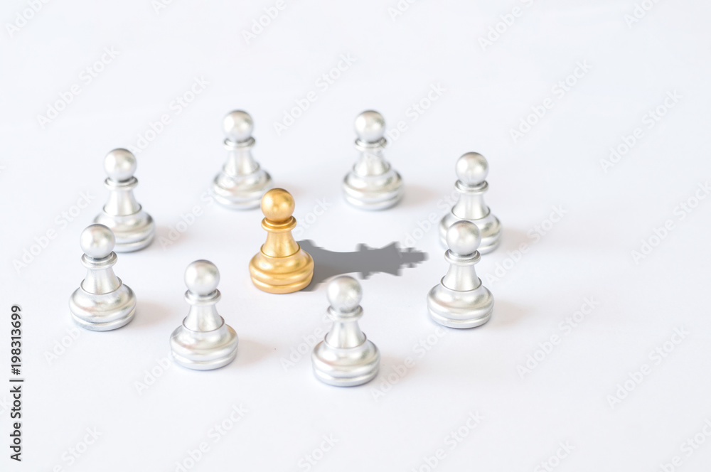 Business and leader concept, chessmen with gold king chess shadow on white background. Business and leader concept, chessmen with gold king chess shadow on white background.