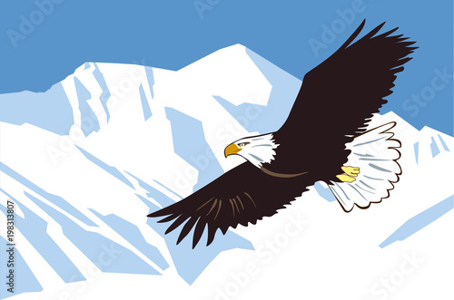 Eagle flies against the background of snowy mountains. Vector drawing © Евгений Казанцев