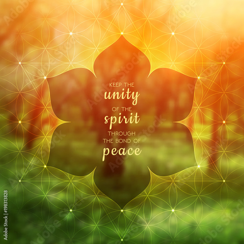 Spiritual illustration with inspirational phrase; Sacred geometry on blurred background with forest; Motifs of lotus, flower of life and yantra; Poster for yoga studio.