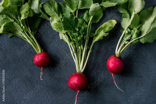 fresh radish with tops on a gray concrete background