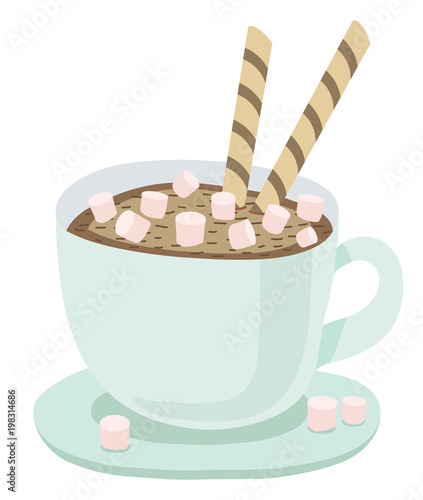 Turquoise cup with saucer, hot coffee or chocolate with a small marshmallow and waffles. Vector isolated illustration on white background