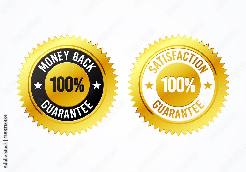 Vector Illustration golden 100% money back and satisfaction guarantee label medal set Vector Illustration golden 100% money back and satisfaction guarantee label medal set