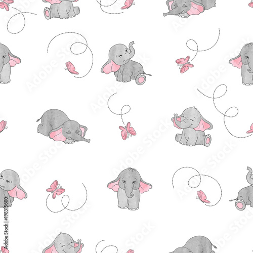 Cute cartoon elephants and butterflies seamless vector pattern. Baby print.