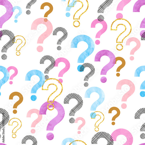 Seamless question mark pattern. Vector background with colorful watercolor symbols.