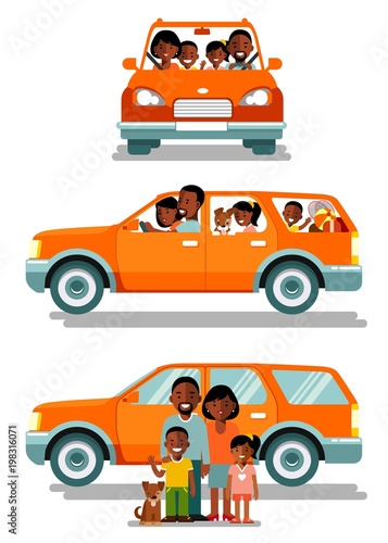 Happy african american ethnic family traveling by car in different views front and side. People set father, mother and children sitting in automobile and standing together. 