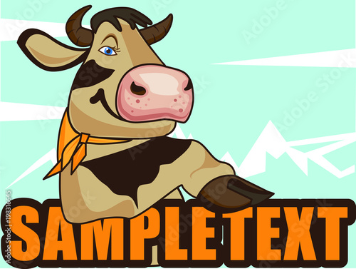 Funny, happy, beautiful cow on the background of blue mountains. Vector illustration.