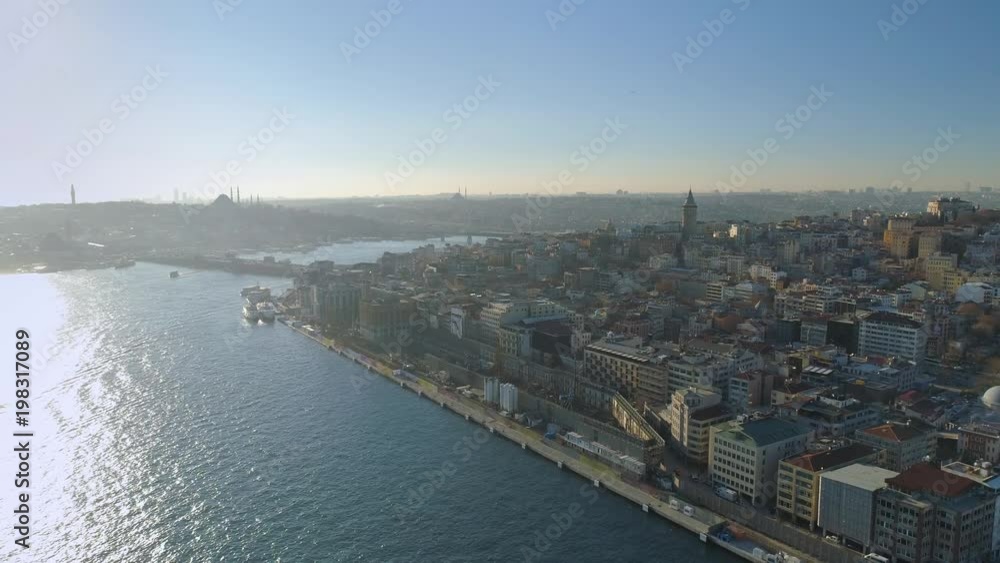 Ships floating Bosphorus blue water sunny day. Aerial drone view on sunset in Istanbul, Turkey Ships floating Bosphorus blue water sunny day. Aerial drone view on sunset in Istanbul, Turkey