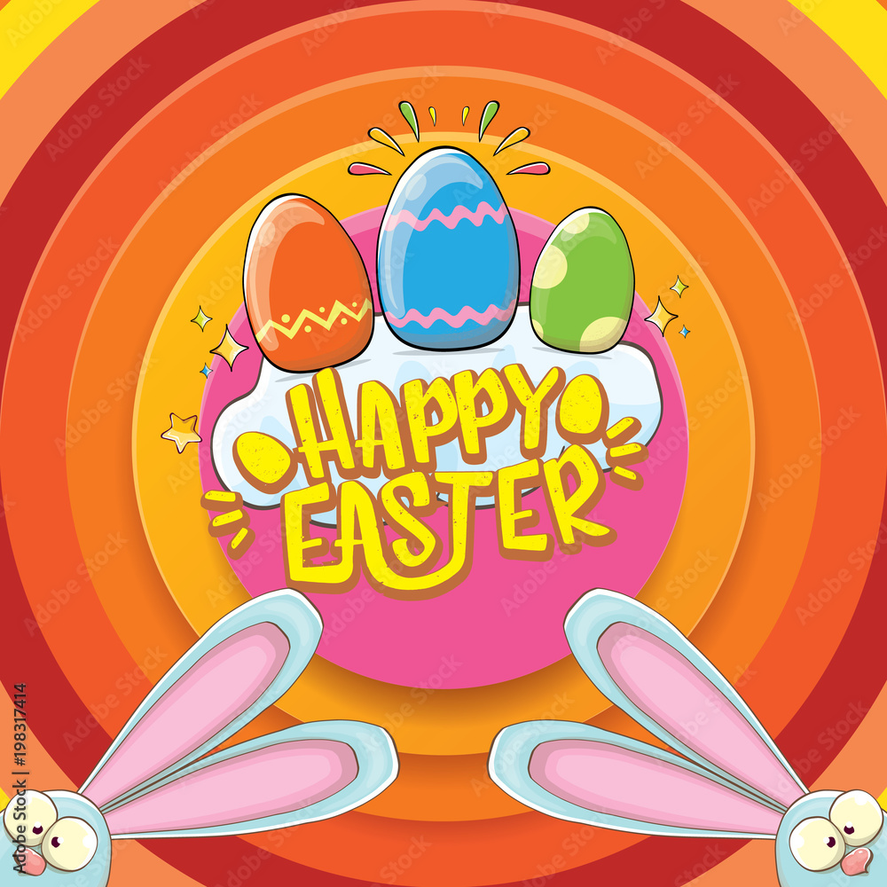 happy easter greeting card wtih bunny, calligraphic text, clouds , rainbow and color easter eggs. vector easter kids cartoon poster happy easter greeting card wtih bunny, calligraphic text, clouds , rainbow and color easter eggs. vector easter kids cartoon poster