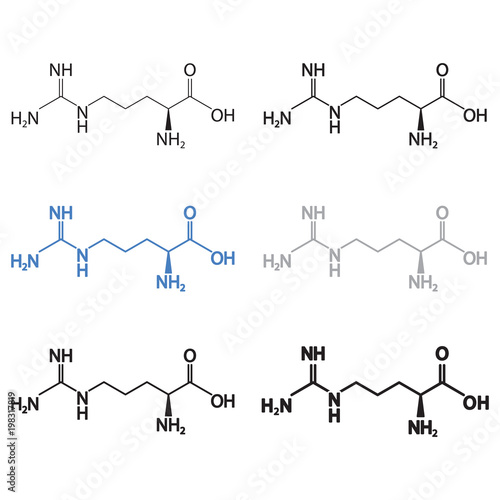 Arginine, L-arginine molecular structural chemical formula set. Vector icon.
