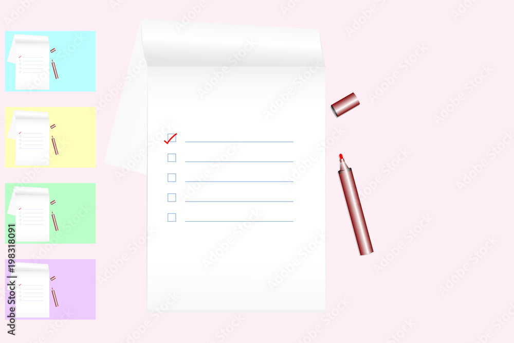 To do list on notebook with red marker pen on pastel colored background - flat lay style; top view with copy space. Planning and tracking tasks concepts. Vector illustration, EPS 10. To do list on notebook with red marker pen on pastel colored background - flat lay style; top view with copy space. Planning and tracking tasks concepts. Vector illustration, EPS 10.