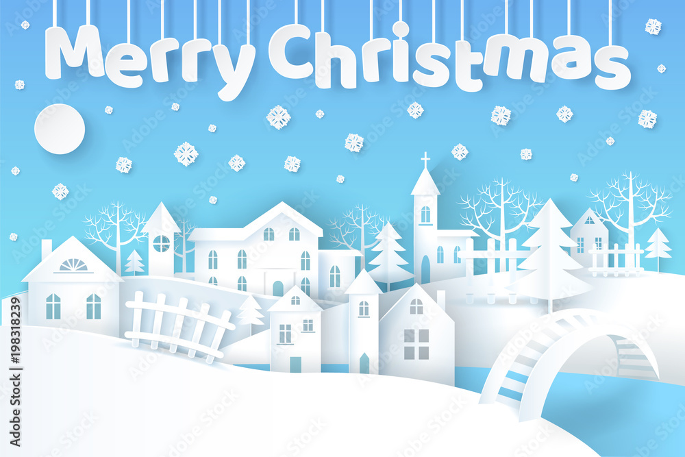 Merry Christmas Poster with City Vector Illustration