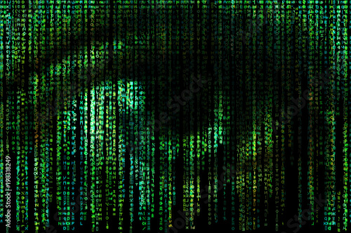 Digital eye. Green matrix background. Concept of Artificial Intelligence