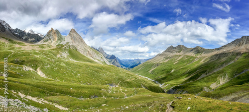 Panorama of the Alps in summer. View on the Seigne pass (col de la seigne) in Italy during Tour du Mont Blanc hike