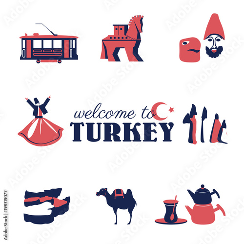 Turkey illustration, turkish symbol set, Trojan horse, mount Nemrut, tram, dervish, Cappadocia, Pammukale, teapot, camel, glass Tulip cartoon vector travel icon, decorative sign for design advertising