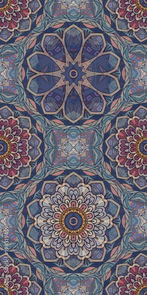 Seamless ornamental pattern with stylized lotus and flower mandala.