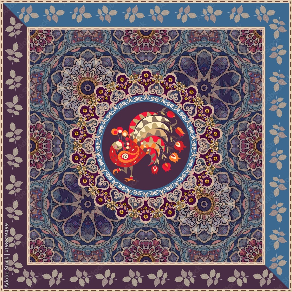 Naklejka premium Square ornamental pattern with magical peacock and leaves border. Indian, persian, russian motives.