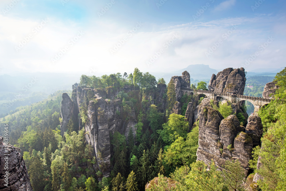 Obraz premium Mystical landscape with rocks near Rathen, Germany, Europe (Sachsische Schweiz)