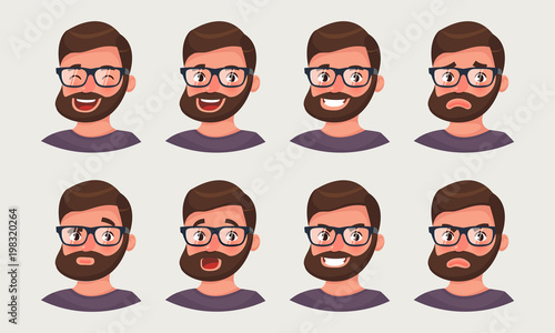 Cute hipster businessman showing different emotions. A bearded man office worker emoji. Vector illustration in cartoon style