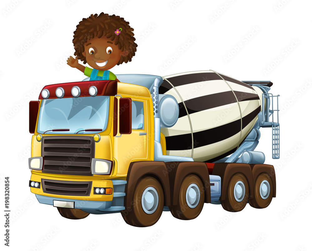 cartoon happy and funny child - girl in toy construction site truck - on  white background - illustration for children Stock Illustration | Adobe  Stock