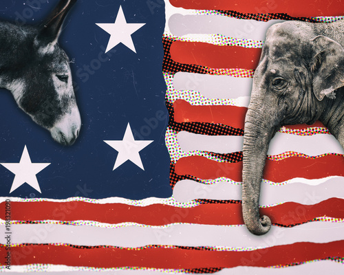 Canvastavla Political animals, a donkey representing democrats and an elephant representing republicans, against an modern art American flag