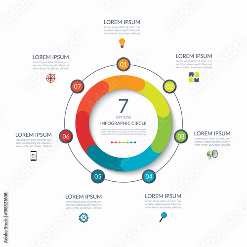 Infographic circle. 7 options, steps, parts. Business concept for diagram, graph, chart. Vector template