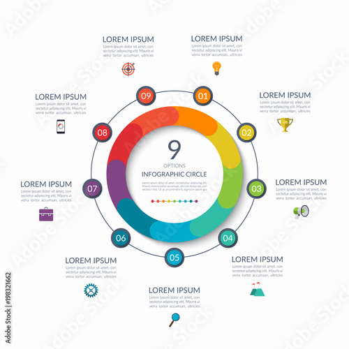 Infographic circle. 9 options, steps, parts. Business concept for diagram, graph, chart. Vector template