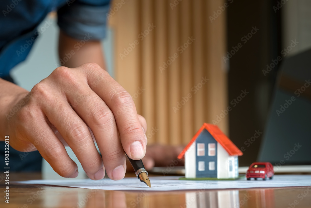 Fototapeta premium Real estate confirm mortgage contract (estate agency client sign contract) - Real Estate Concept