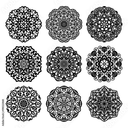 Laser cutting mandala collection. Oriental silhouette ornament. Vector coaster design. Round ornament elements. Stylized flower pattern. Chakra symbol for meditation yoga logo.