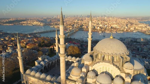 The Blue Mosque Sultanahmet in Istanbul, Turkie. Aerial drone view Shot. Blue sky, sunset. photo