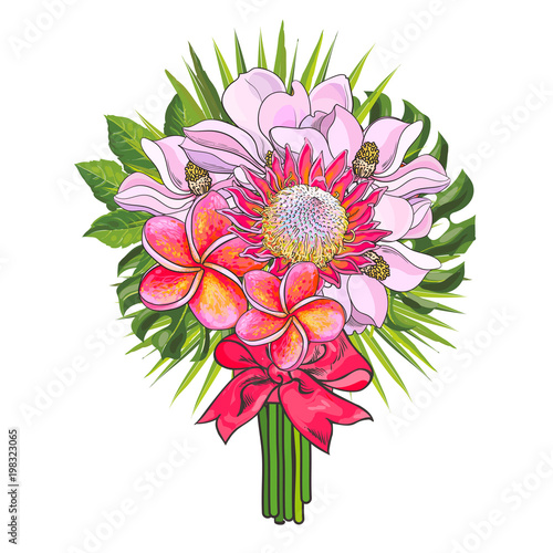 Tropical flowers and green palm leaves in bouquet with pink ribbon isolated on white background. Hand drawn exotic blossoms of magnolia, protea and plumeria in floral composition. Vector illustration.