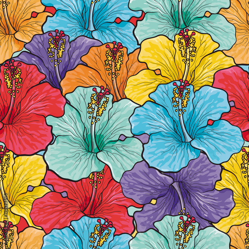 Tropical flowers seamless pattern with sketch multicolor hibiscus. Hand drawn...