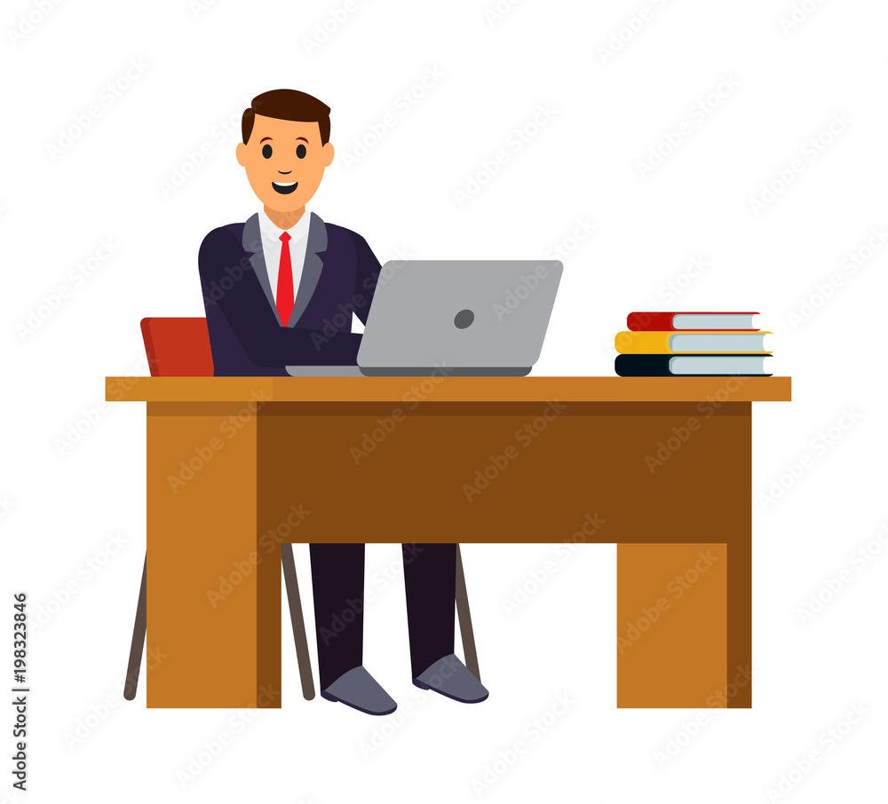 Young man working on laptop. Businessman sitting behind the office desk. Vector Flat Illustration. Eps 10 Young man working on laptop. Businessman sitting behind the office desk. Vector Flat Illustration. Eps 10