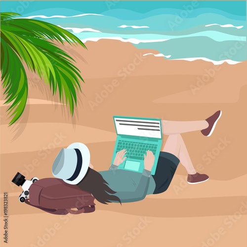 Traveler freelancer photographer work on sand beach near the sea illustration. Summer background.