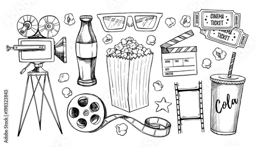 Hand drawn vector illustrations - Cinema collection. Movie and film elements in sketch style. Perfect for posters, banners, flyers, advertising, billboards,