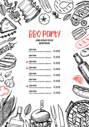 Hand drawn vector illustration. BBQ menu. Barbeque design elements in sketch style. Fast food.  Perfect for delivery flyers, prints, packing, leaflets, advertising, wrapping paper