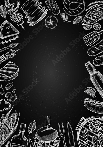 Hand drawn vector illustration. BBQ menu. Barbeque design elements in sketch style. Fast food.  Perfect for delivery flyers, prints, packing, leaflets, advertising, wrapping paper