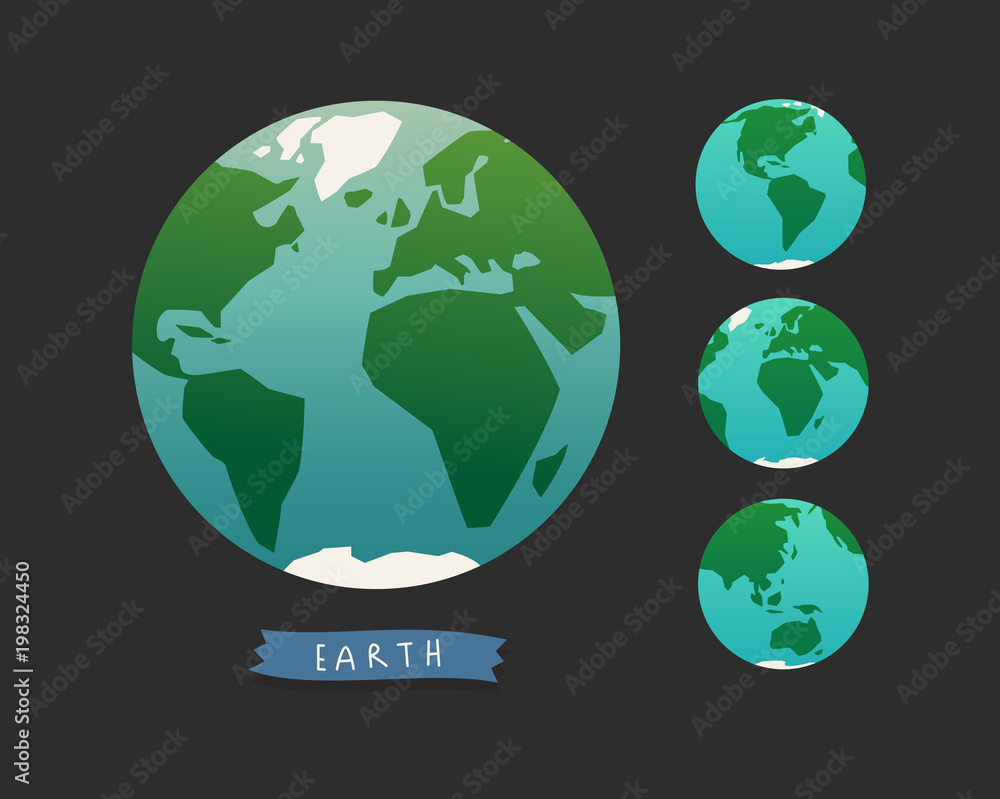 Illustration of Earth globe. World map set