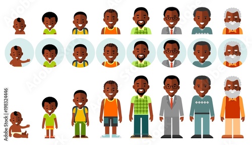 Set of african american ethnic people generations avatars at different ages. Man african american ethnic aging icons - baby, child, teenager, young, adult, old. Full length and avatars.