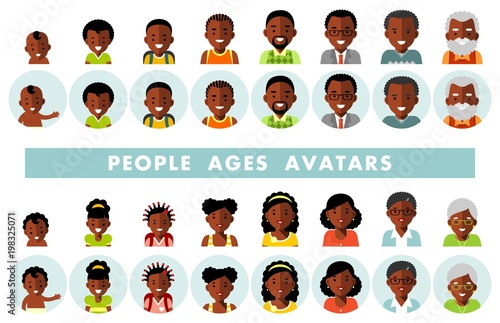 Set of african american ethnic people generations avatars at different ages. Man and woman african american ethnic aging icons - baby, child, teenager, young, adult, old.