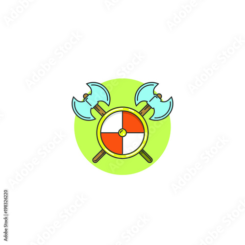 Colored illustration of crossed axes and shield