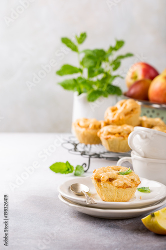 Homemade mini apple pies on white plates decorated with mint leaves on light concrete background. Healthy food concept with copy space.
