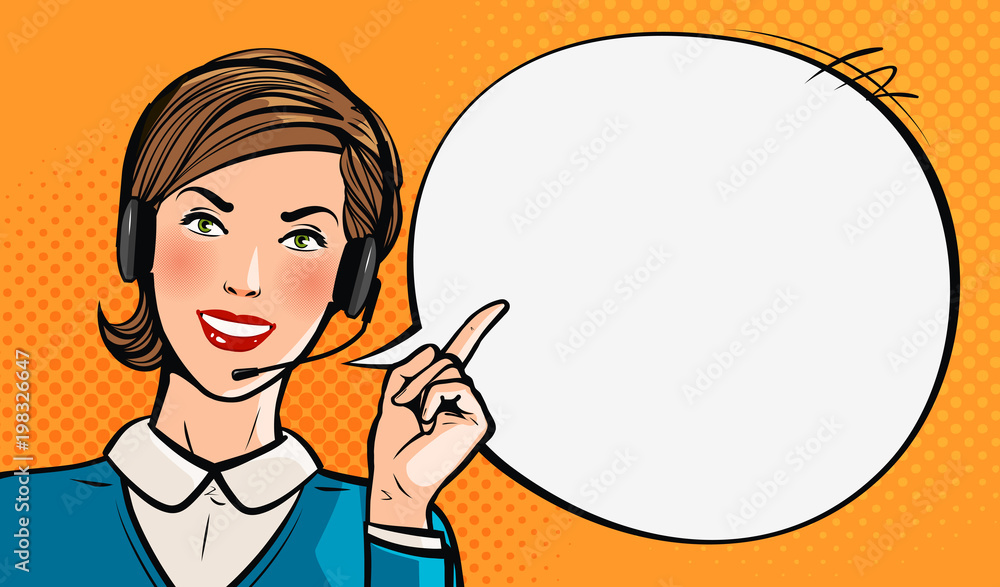 Call center, customer support, helpdesk or service concept. Beautiful young girl with headset. Pop art retro comic style. Cartoon vector illustration Call center, customer support, helpdesk or service concept. Beautiful young girl with headset. Pop art retro comic style. Cartoon vector illustration