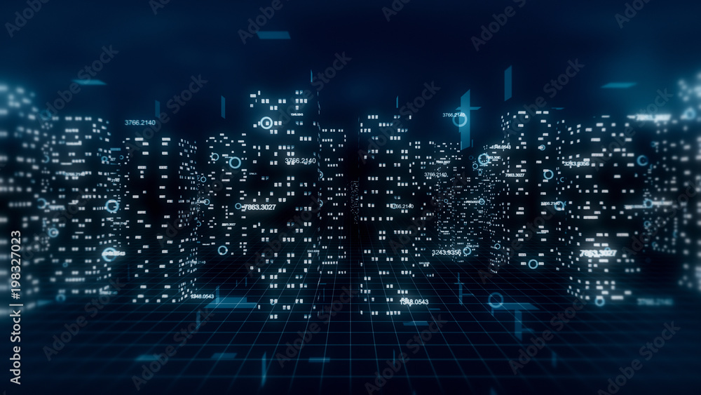 Abstract 3d city render with financial numbers around. Dark blue theme.