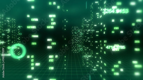 Abstract 3d city render with financial numbers around. Green theme.