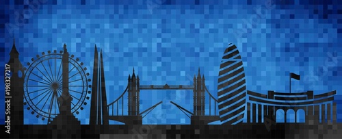Vector city skyline silhouette - illustration, 
Mosaic city in grunge blue background,  
City of London