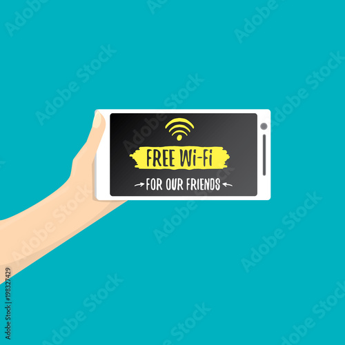 Hand holding white smart phone with free wi-fi sign on touch screen isolated on azure background. Vector flat style design phone with screen and human hand. Free wi-fi concept