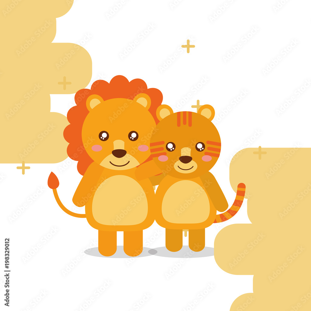 Obraz premium cute tiger lion animals colored background vector illustration