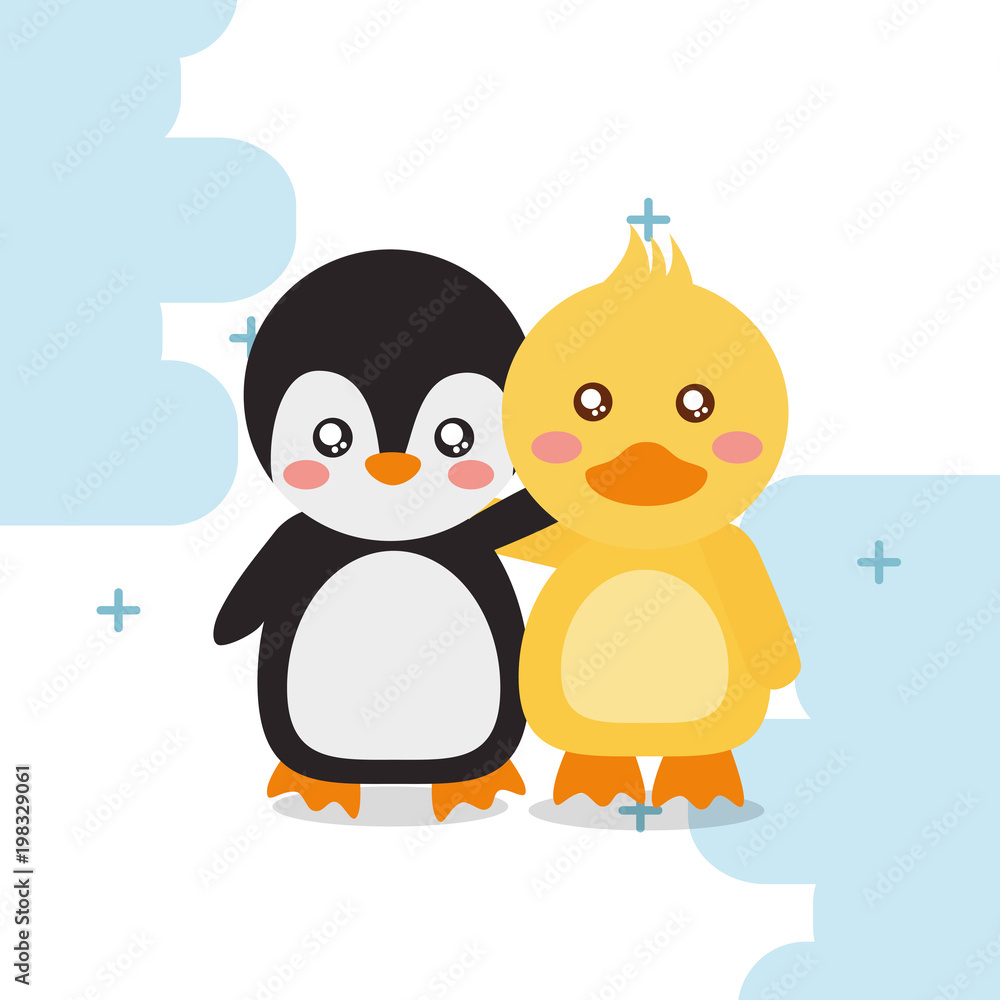 Naklejka premium cute penguin duck animals colored background vector illustration