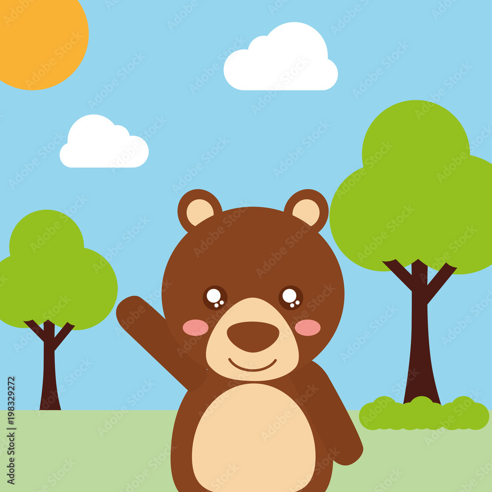 cute animal bear cartoon landscape trees clouds vector illustration cute animal bear cartoon landscape trees clouds vector illustration