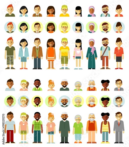 People characters standing together set. Different ethnic smiling multicultural persons icons. Full length and avatars. Vector illustration in flat style isolated on white background